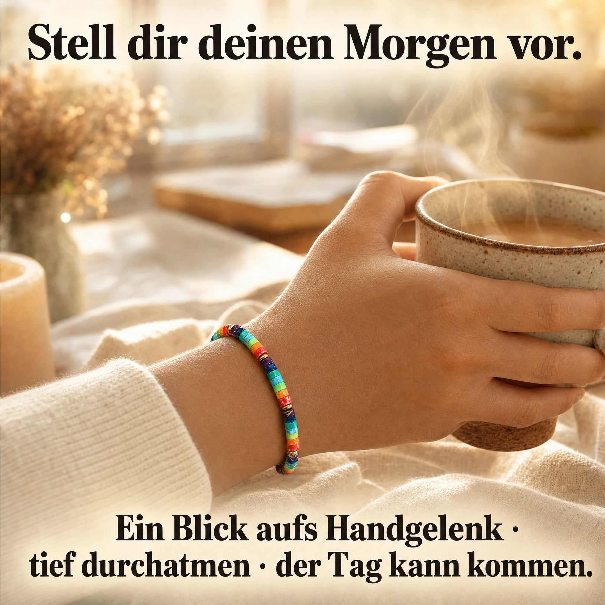 Chakren Armband am Morgen mit Tasse im Fensterlicht