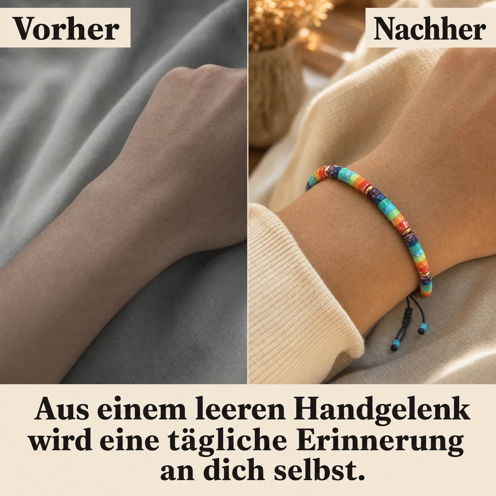 Chakren Armband: Vorher und Nachher am Handgelenk