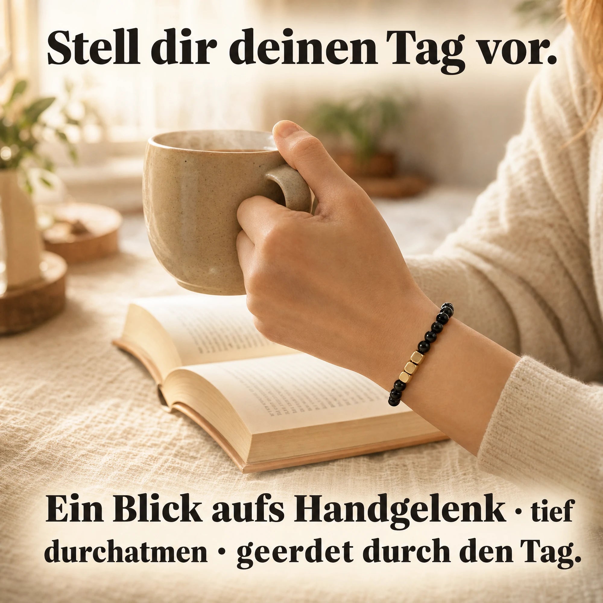 Obsidian Schutz-Armband im Alltag bei Kaffee und Buch