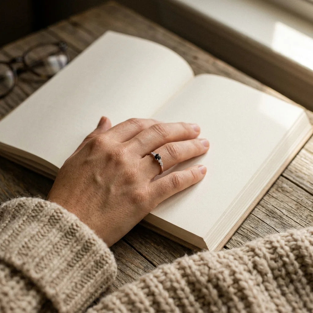 Obsidian Ring am Finger auf einem Buch