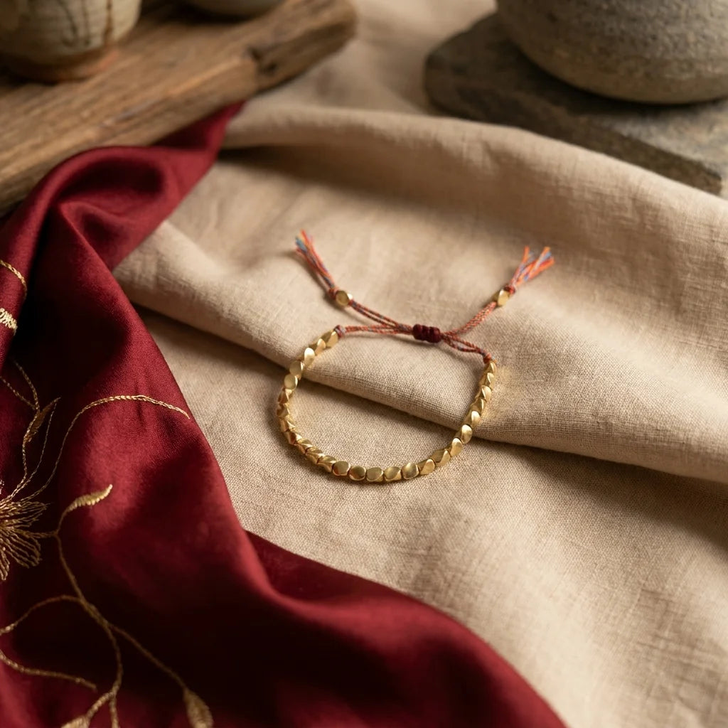 Tibetisches Glücksarmband – Goldperle – Produktfoto 1